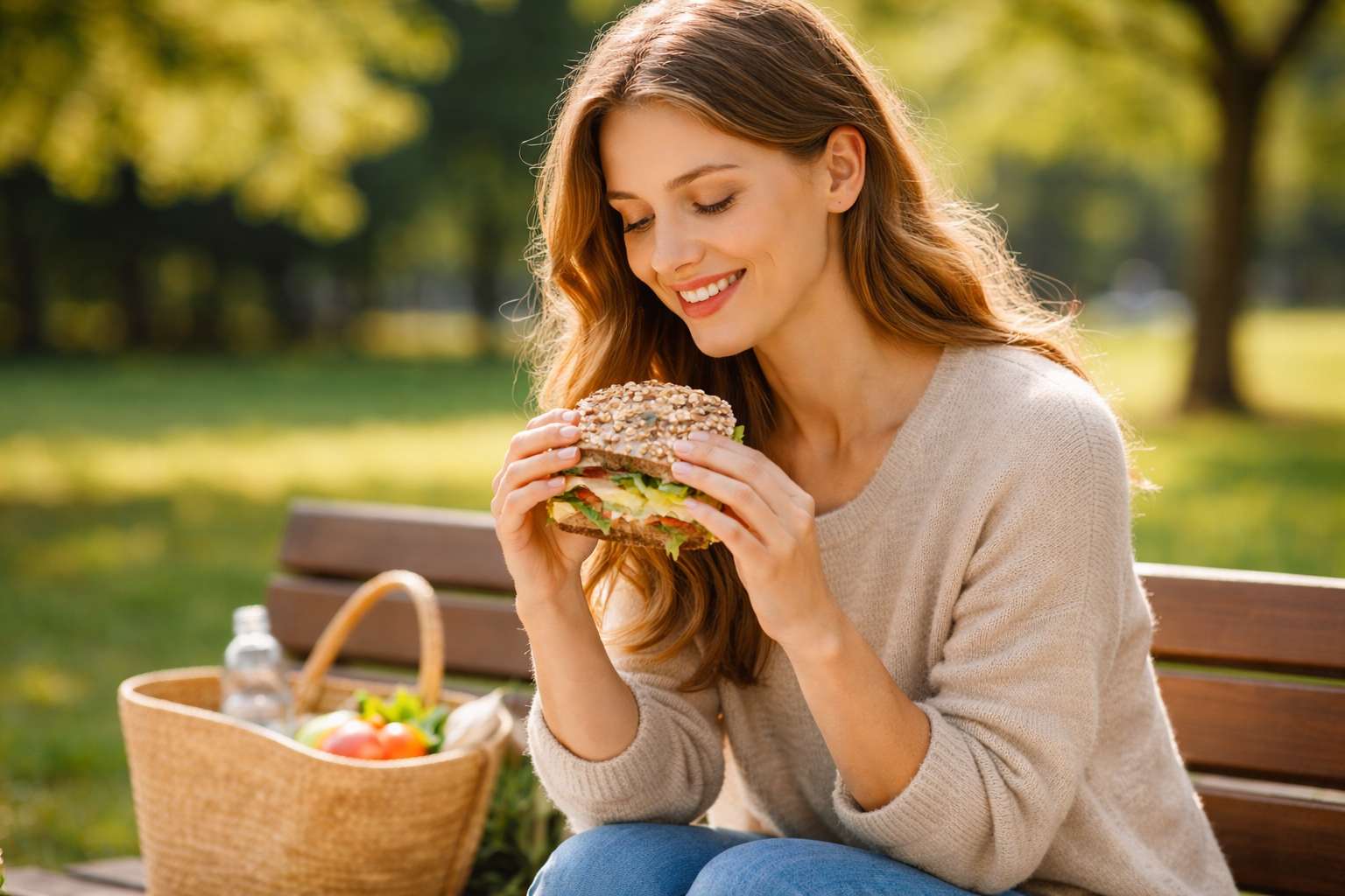 Zena u parku koja je na bezglutenskoj dijeti