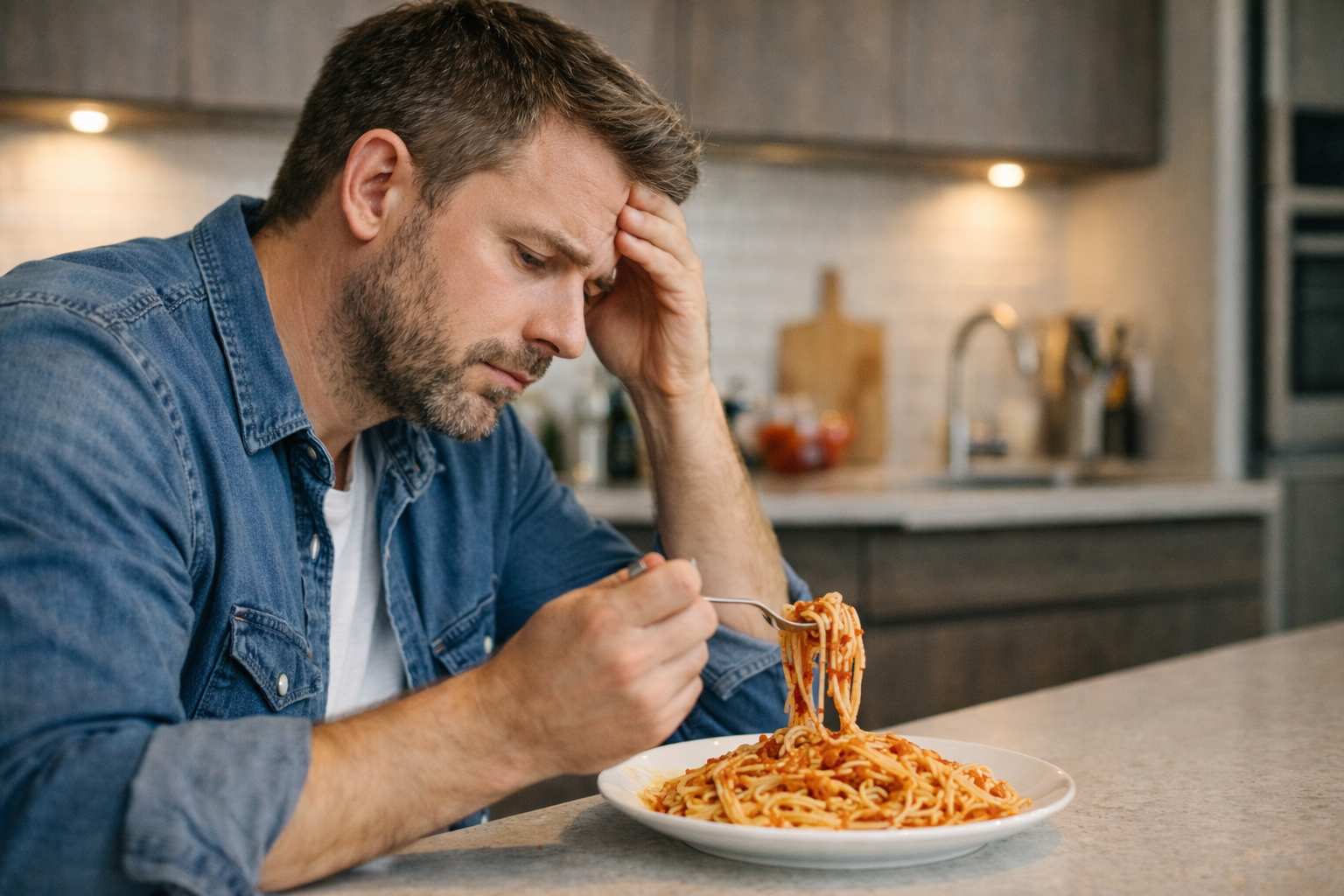 Covek koji jede glutensku hranu i deluje zabrinuto zbog svog zdravlja