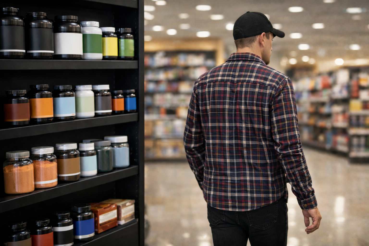 Covek koji u prodavnici suplemenata odlazi od rafa i nista nije kupio